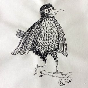 Freehand machine embroidered stitched Colin the Crow