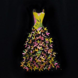 Handcut paper dress with entomology pins - Fruit Salad