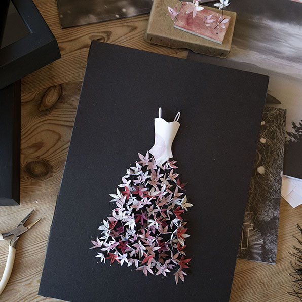 Handcut paper dress with entomology pins - Raspberry Ripple